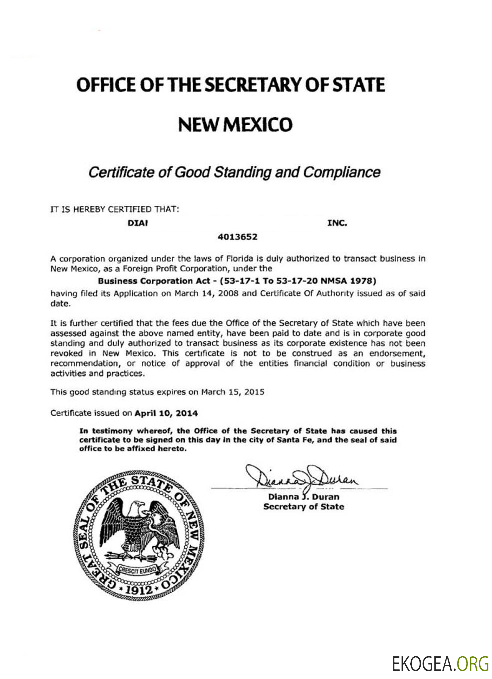 Certificat de bonne réputation des États Unis et du Nouveau Mexique